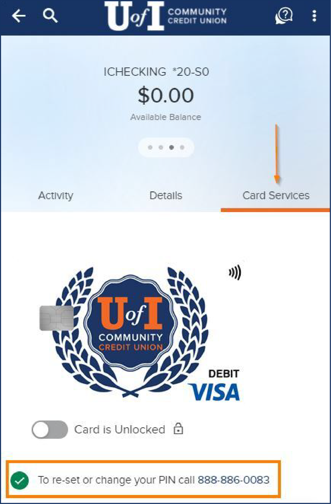 Screenshot of the digital banking app on mobile, showing where to change a debit card PIN