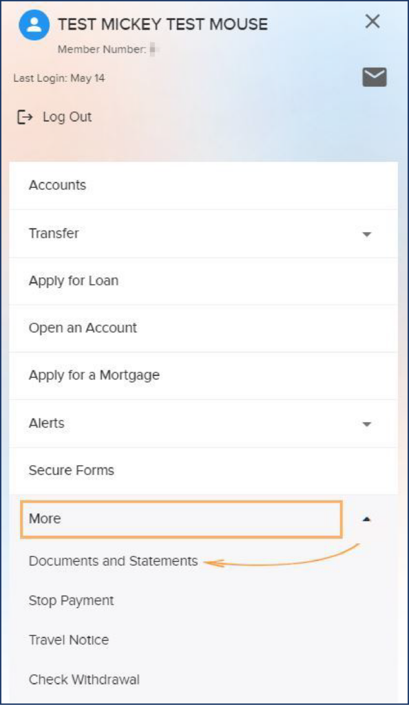 Screenshot of the digital banking app on mobile, showing how to view or enroll for eStatements in Digital Banking