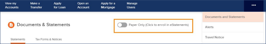 Screenshot of the digital banking app on desktop, showing how to view or enroll for eStatements in Digital Banking