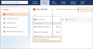 Screenshot of the digital banking app on desktop, showing how to set up external payments