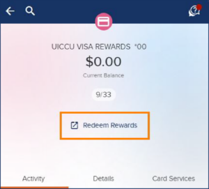 Screenshot of the digital banking app on mobile, showing where to redeem Visa Credit Card Rewards