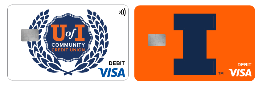 Image showing the UICCU debit card with the UICCU crest and the Illini debit card with the Block Illini I